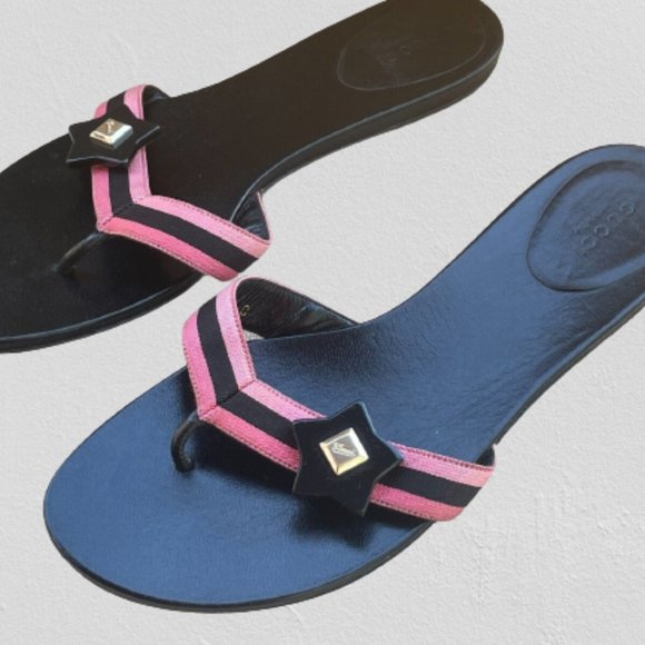 Gucci Shoes - Gucci Women Sandal Shoes Black/Pink Thong Flat Made in Italy Size 40C Authentic